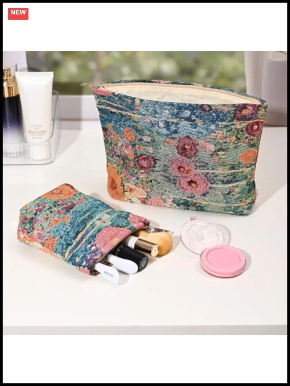 Vintage Cosmetic Bag Oil Painting Floral Portable Travel Makeup Pouch